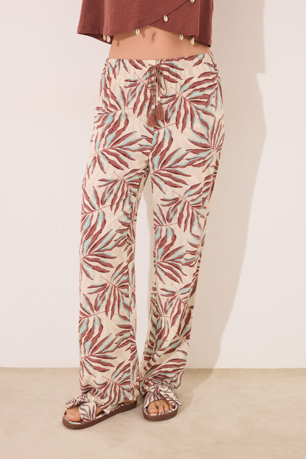 Womensecret Pantalón de viscosa con estampado de hojas marrones verde