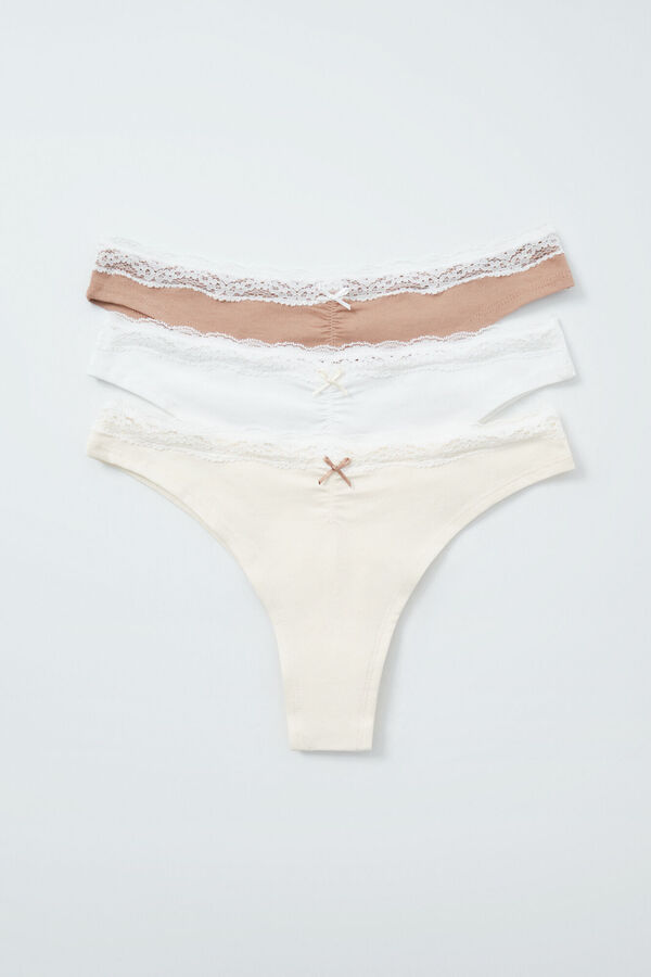 Women'secret Pack 3 bragas brasile&ntilde;a algod&oacute;n lisas encaje blanco