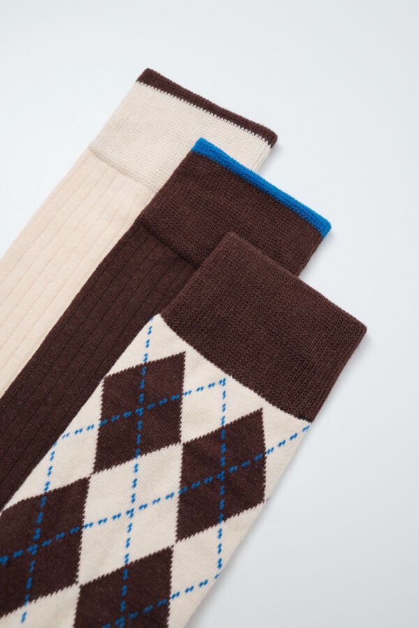 Women'secret Pack 3 calcetines lisos rombos marr&oacute;n estampado