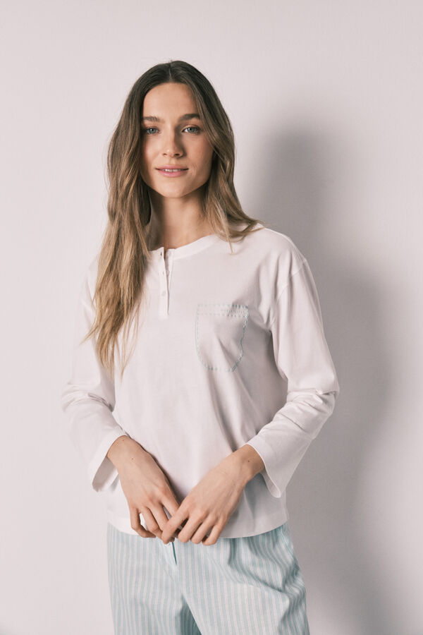 Women'secret Pijama larga de algod&oacute;n pantal&oacute;n a rayas verde marfil