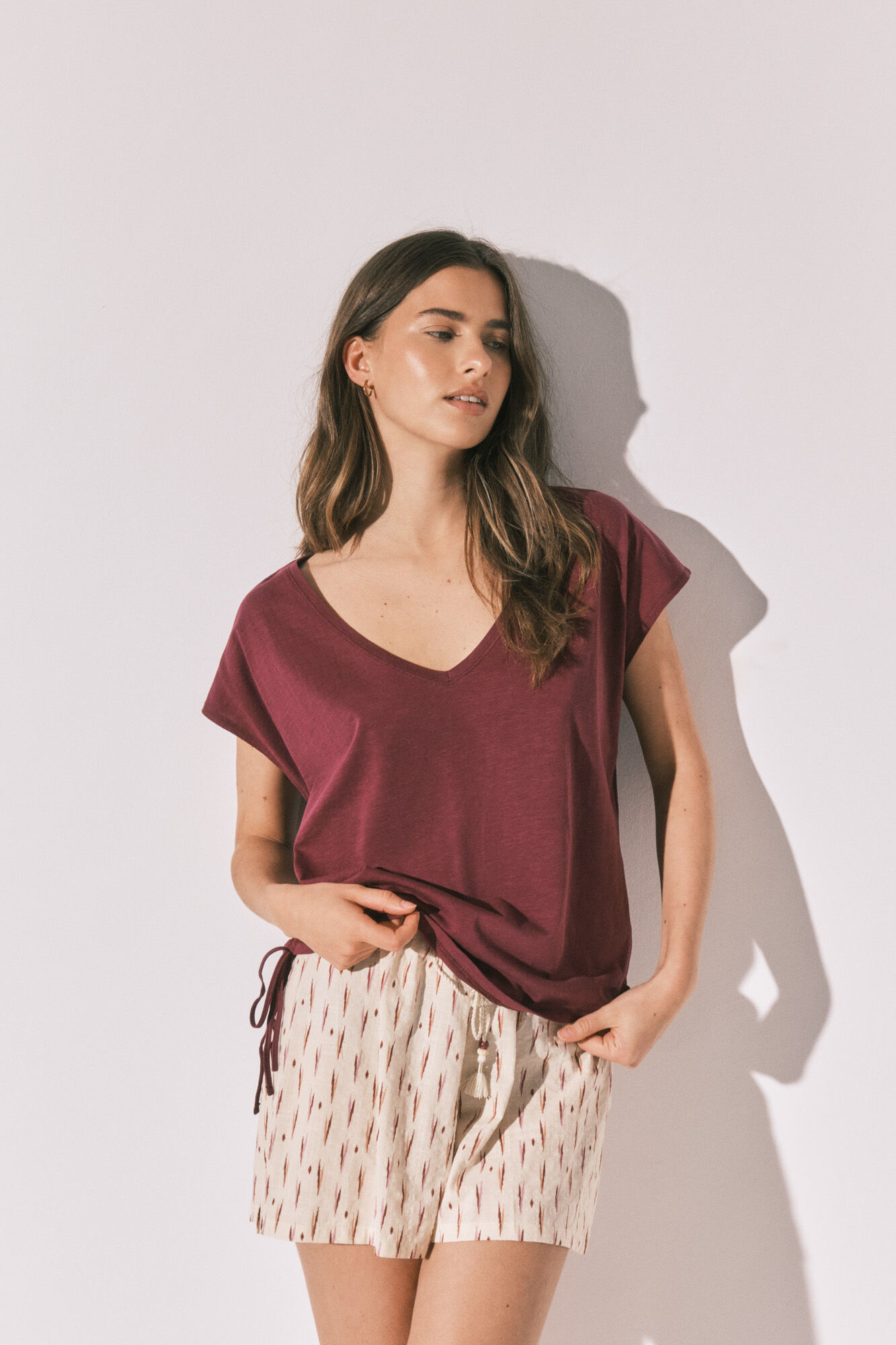 Women'secret Playera de algod&oacute;n con fruncido granate