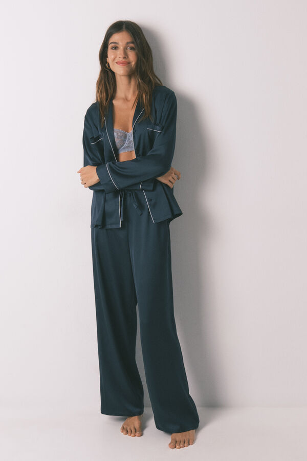 Women'secret Pijama camisera largo de satén azul azul