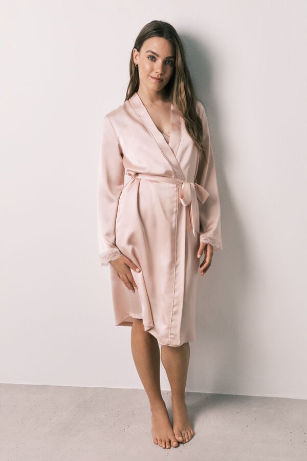 Women'secret Bata midi satinada de encaje manga naranja