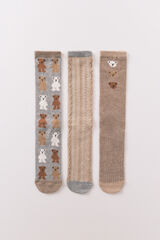 Women'secret Pack de 3 calcetines largos de algodón con forma de oso  beige