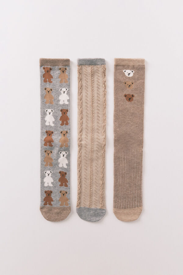 Women'secret Pack de 3 calcetines largos de algodón con forma de oso  beige