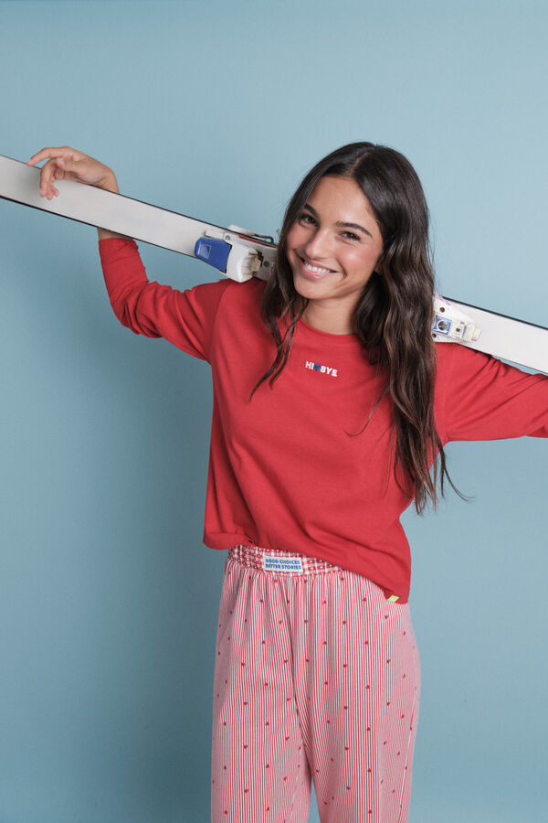 HI&BYE Pijama larga 100% algodón pijama rayas rojas  rojo