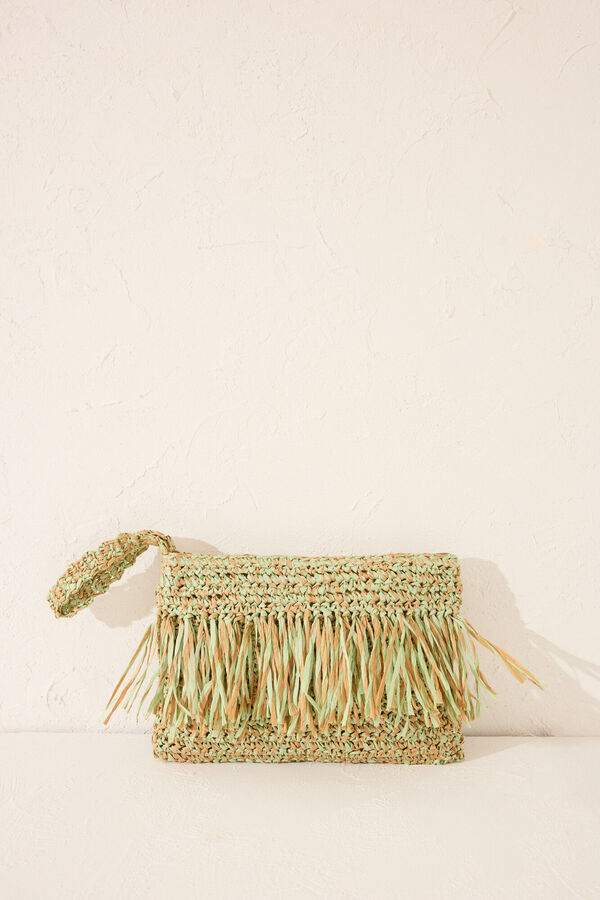 Womensecret Bolsa pequeño de rafia , bolsa con flecos verde