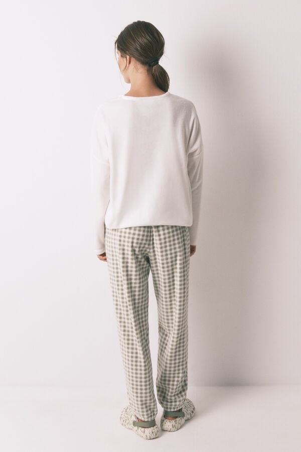 Womensecret Pijama larga largo Mafalda de forro polar con cuadros vichy marfil