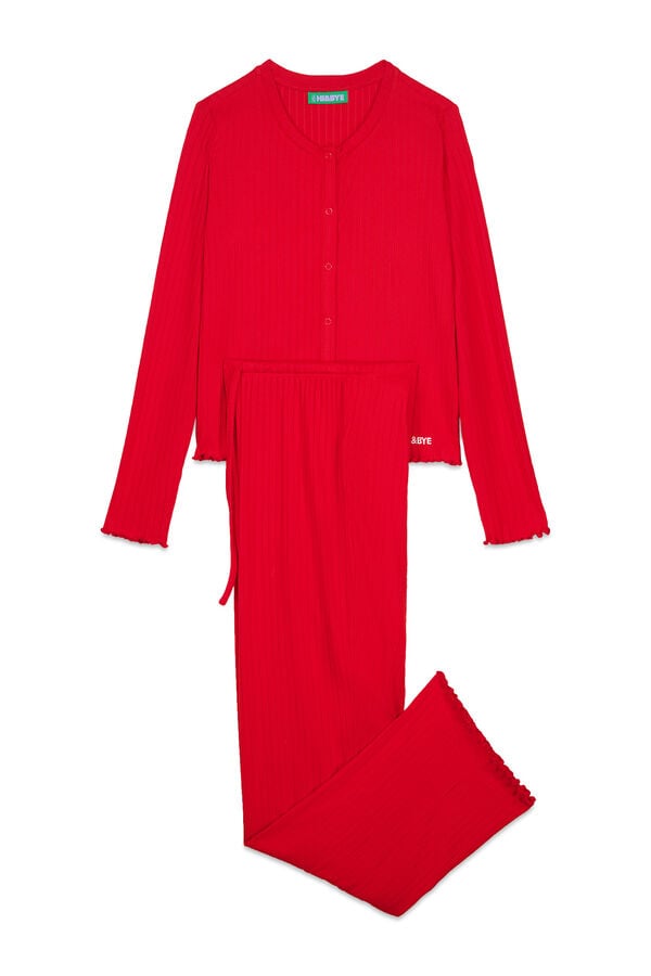 HI&BYE Pijama larga algodón acanalado rojo rojo