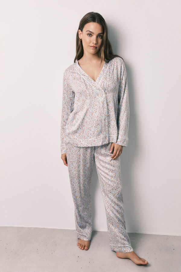 Women'secret Pijama larga de sat&eacute;n estampado de flores azul