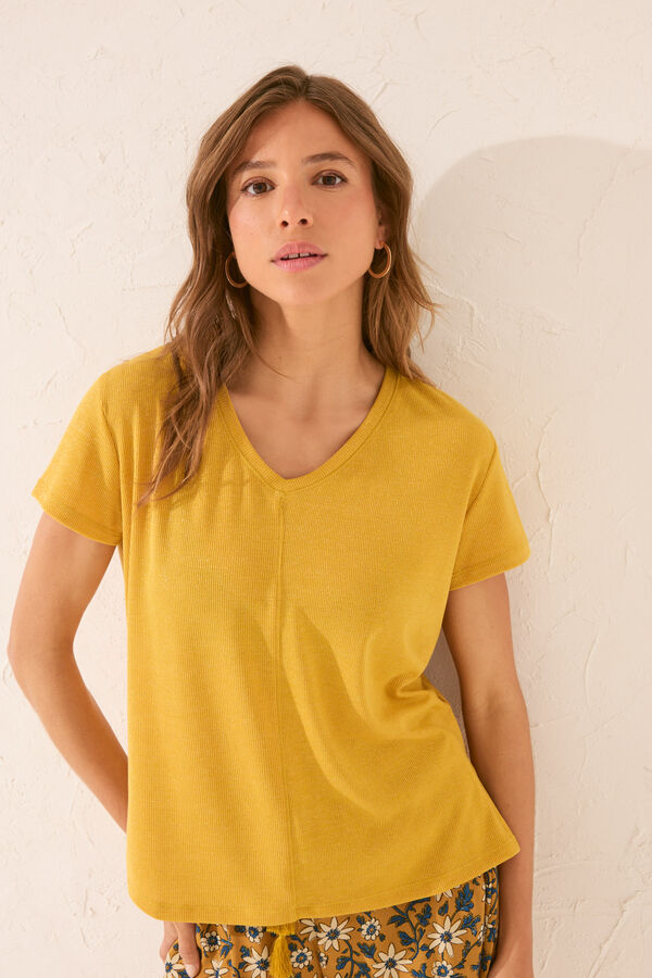 Womensecret Playera de manga corta acanalada con lurex dorado amarillo