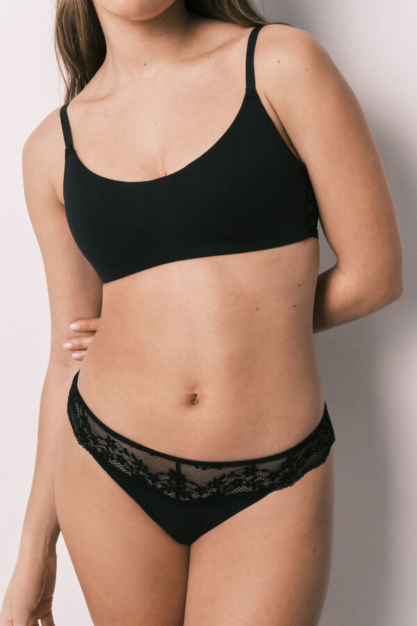 Women'secret Panty cl&aacute;sica de modal y encaje negra negro
