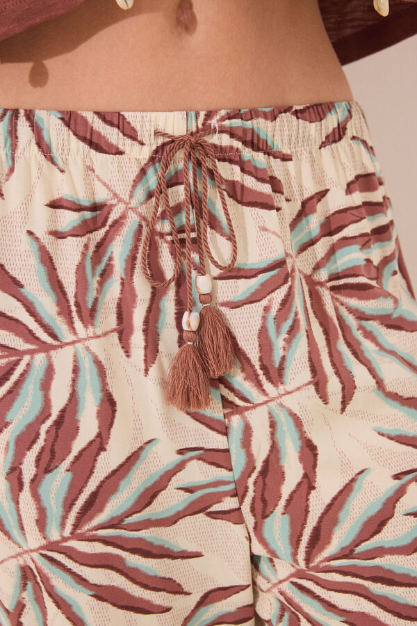 Womensecret Pantalón de viscosa con estampado de hojas marrones verde