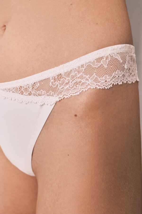 Women'secret Tanga de microfibra y encaje rosa rosa