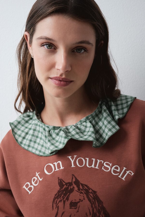 Women'secret Sudadera de algod&oacute;n con caballo marr&oacute;n caf&eacute;