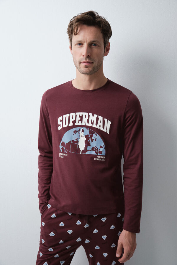Women'secret Pijama larga de algod&oacute;n Superman granate p&uacute;rpura