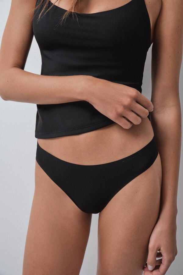 Women'secret Tanga microfibra acanalado negro negro