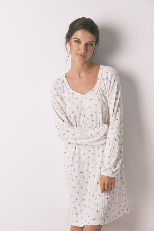 Women'secret Camisón holgado midi blanco con estampado floral marfil