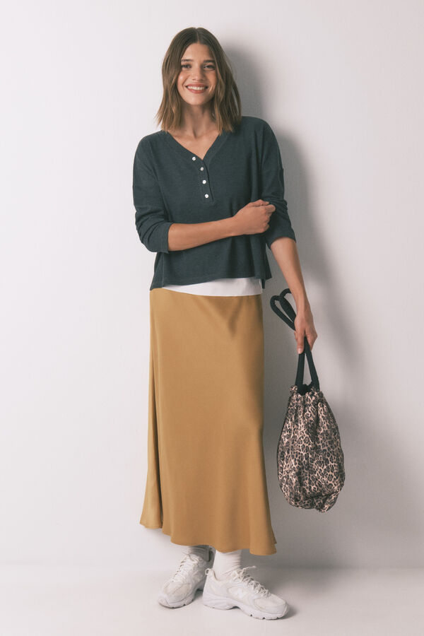 Women'secret Playera de manga manga larga con estampado de gofres de color gris gris