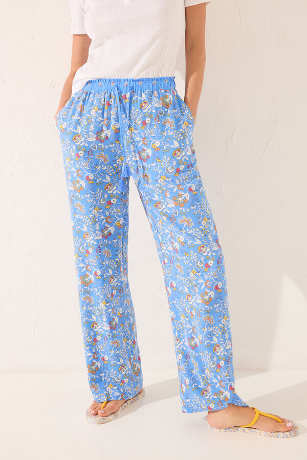 Womensecret Pantalón largo de viscosa con estampado floral azul estampado