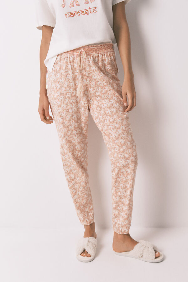 Women'secret Pantalón pitillo 100% algodón con flores naranjas naranja