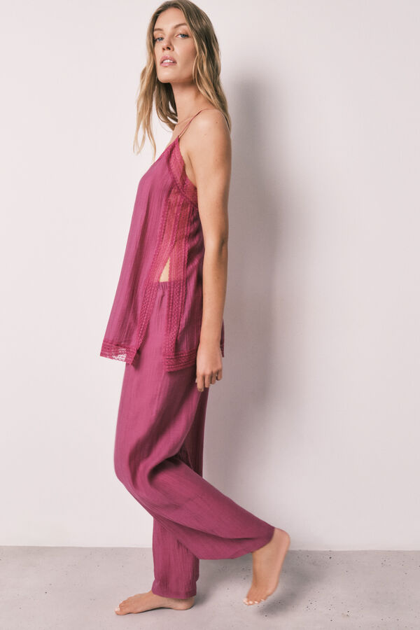 Women'secret Pijama larga satinada de tirantes con encaje rosa