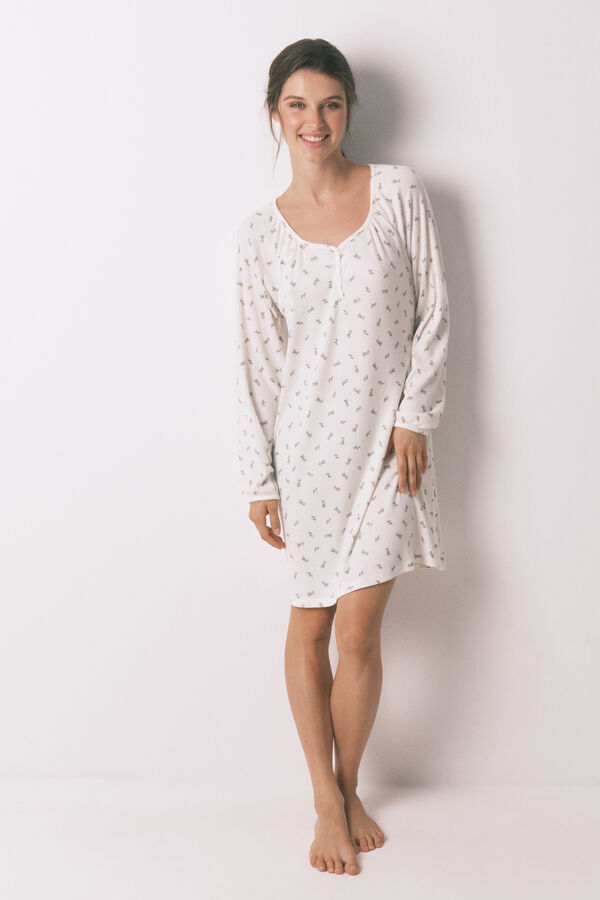 Women'secret Camisón holgado midi blanco con estampado floral marfil