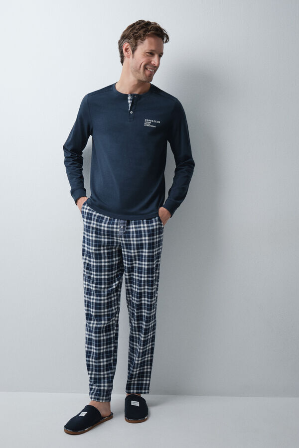 Women'secret Pijama larga de algod&oacute;n azul marino a cuadros azul