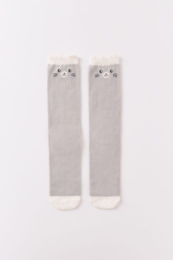 Women'secret Calcetines largos con estampado de conejo en 3D gris