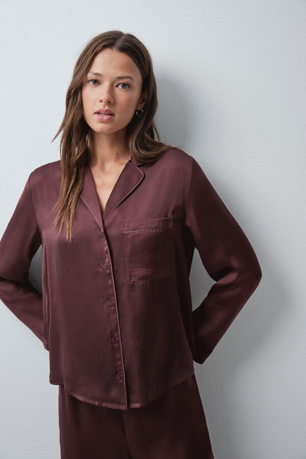 Women'secret Pijama larga camisera satinada granate p&uacute;rpura