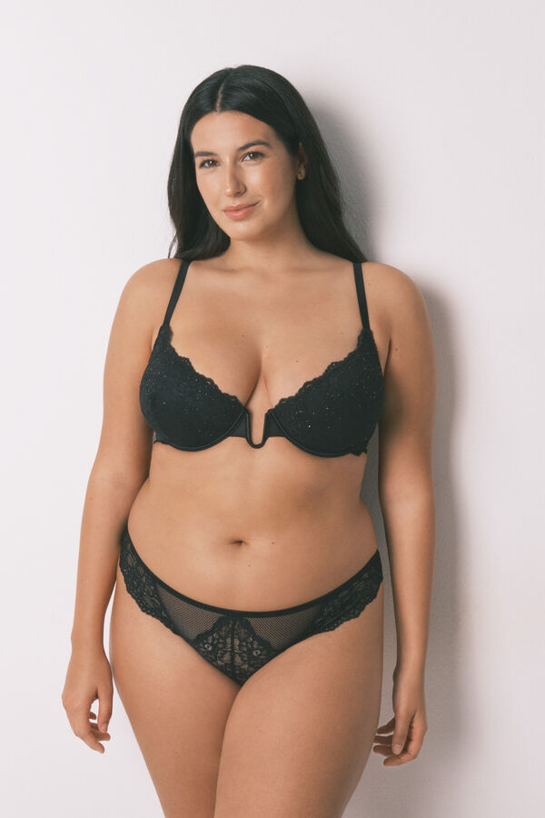 Women'secret Panty clásica encaje negro brillo negro