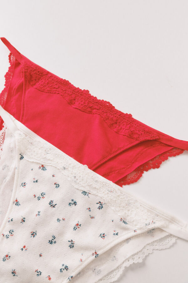 Women'secret Pack de 2 panties brasileñas en algodón rojo y estampado blanco estampado