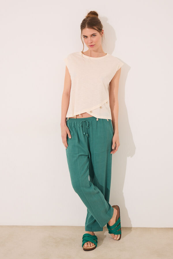 Womensecret Pantalón capri de lino y viscosa verde verde
