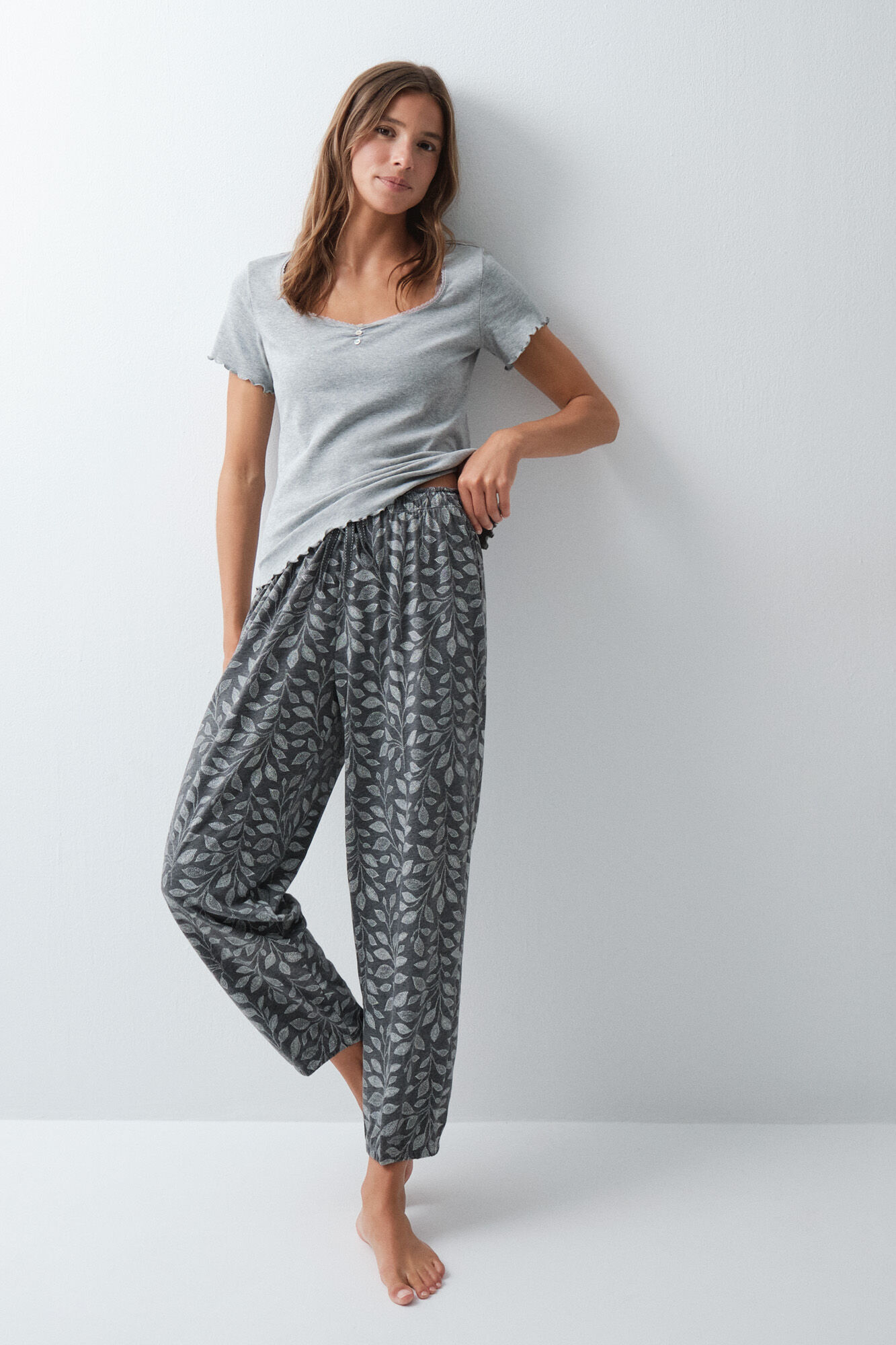Women'secret Pantal&oacute;n largo bombacho de algod&oacute;n gris