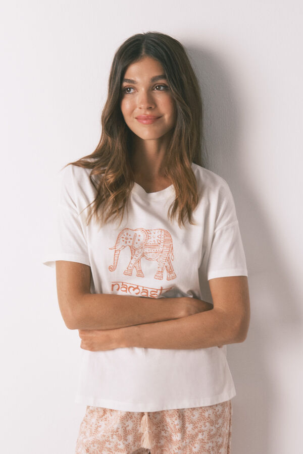 Women'secret Playera blanca "Namaste" 100 % algodón marfil