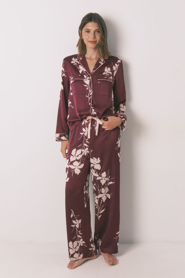 Womensecret Pijama camisera largo con estampado floral en color granate estampado