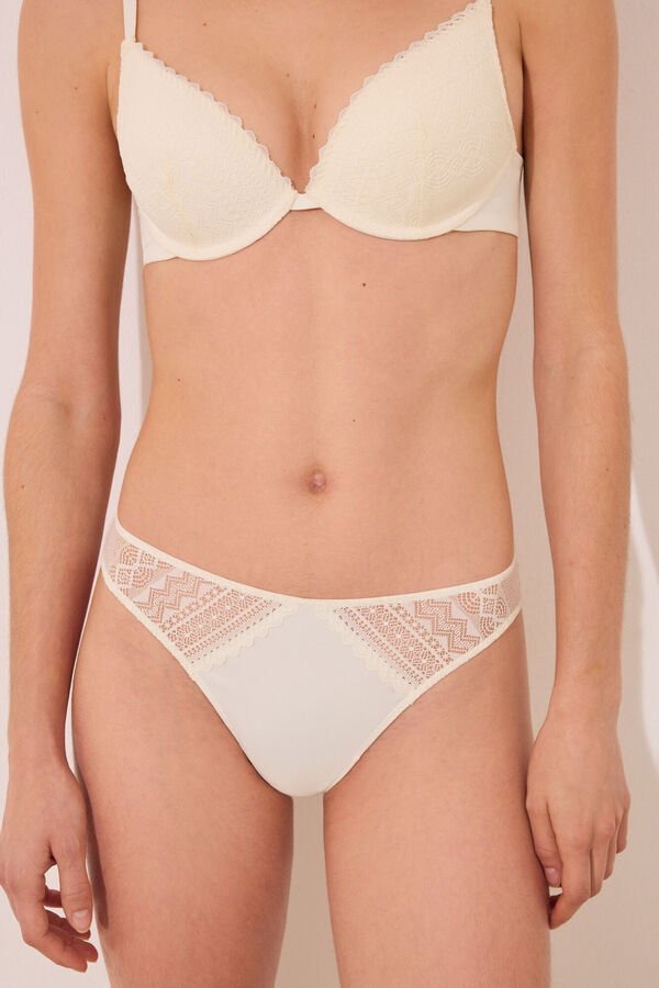 Womensecret Panty clásica de microfibra con encaje marfil