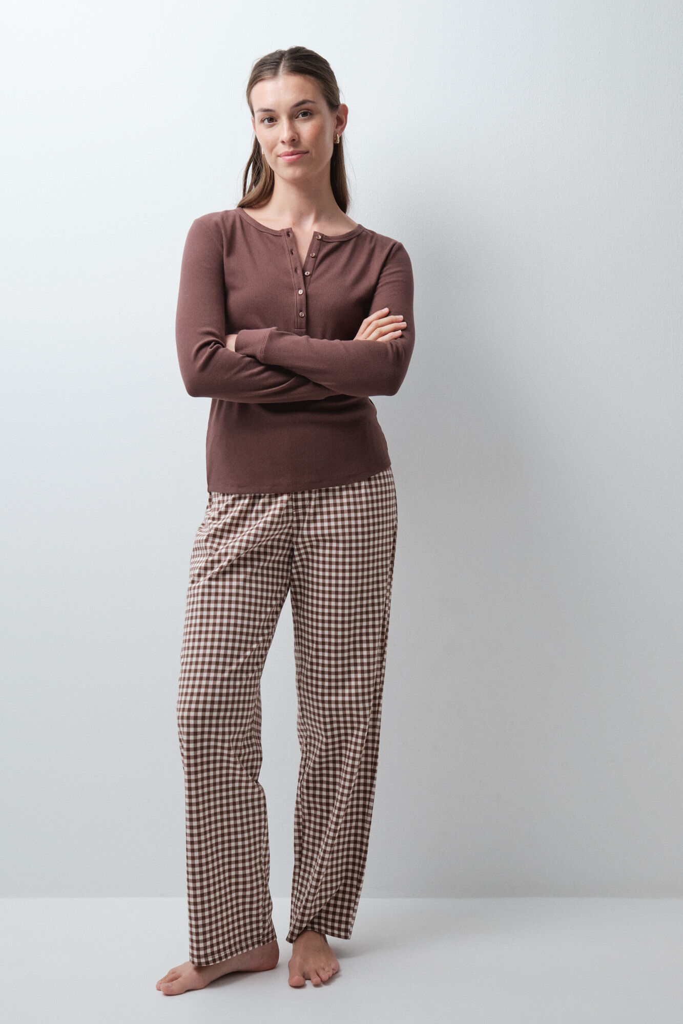 Women'secret Pijama larga de algod&oacute;n a cuadros