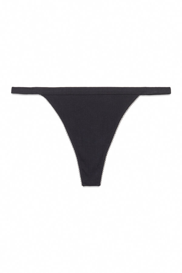 Women'secret Tanga de algodón negro con calados negro