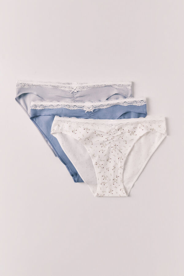 Women'secret Pack de 3 panties cl&aacute;sicas de algod&oacute;n con encaje de flores azul
