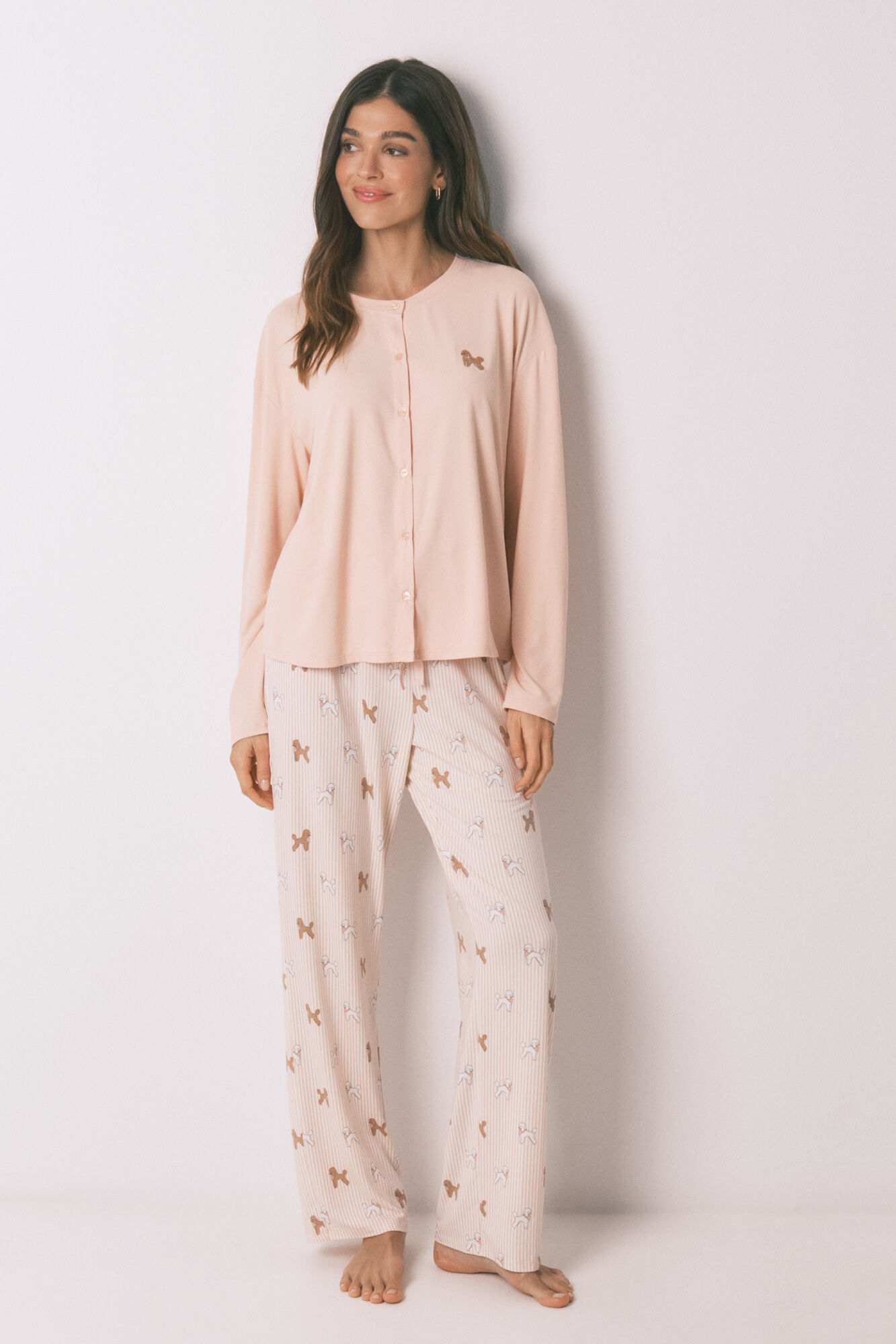 Women'secret Pijama larga de tejido suave estampado de perritos rosa