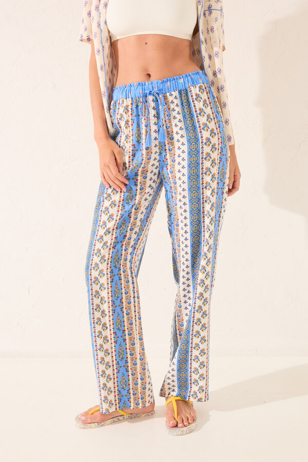 Womensecret Pantalón largo de viscosa con ribetes multicolor estampado