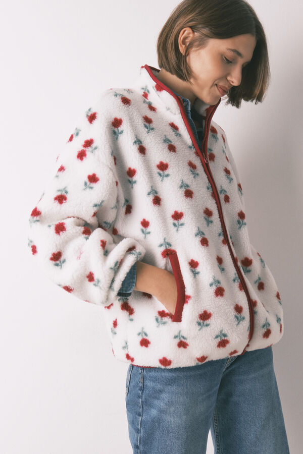 Women'secret Bata de tejido de borrego floral blanco marfil