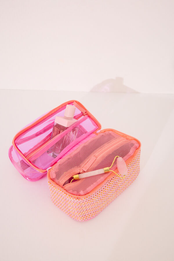 Womensecret Neceser doble de rafia de color rosa mediano estampado