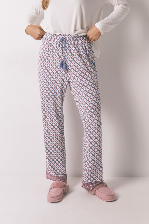 Women'secret Pantalón azul largo de tejido suave y pierna ancha estampado