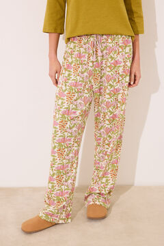 Womensecret Pantalón largo de salón 100% algodón flores blanco