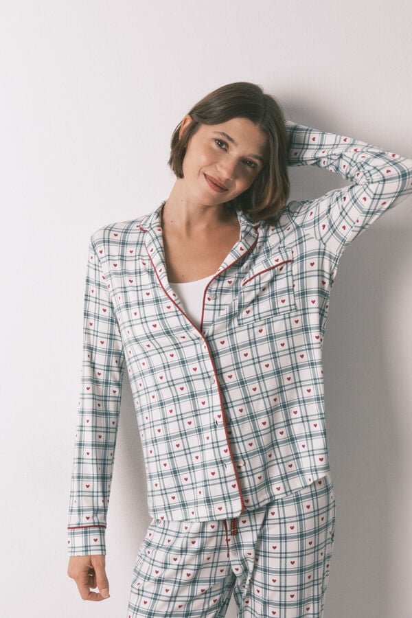 Women'secret Pijama camisera largo con estampado de cuadros verdes estampado