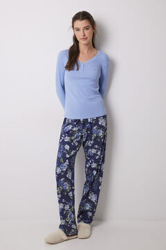 Womensecret Pijama larga 100% algodón canalé azul flores azul