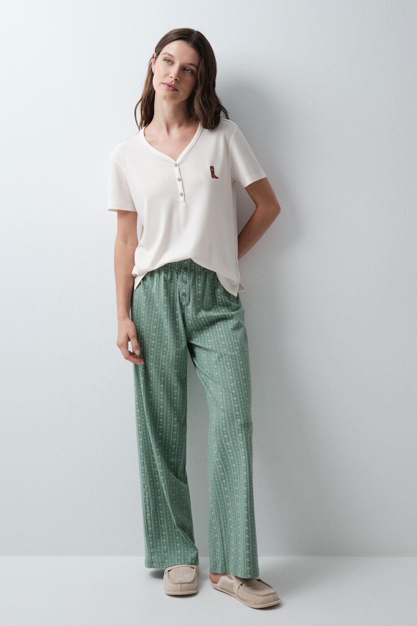 Women'secret Pantal&oacute;n largo de algod&oacute;n con estampado floral verde