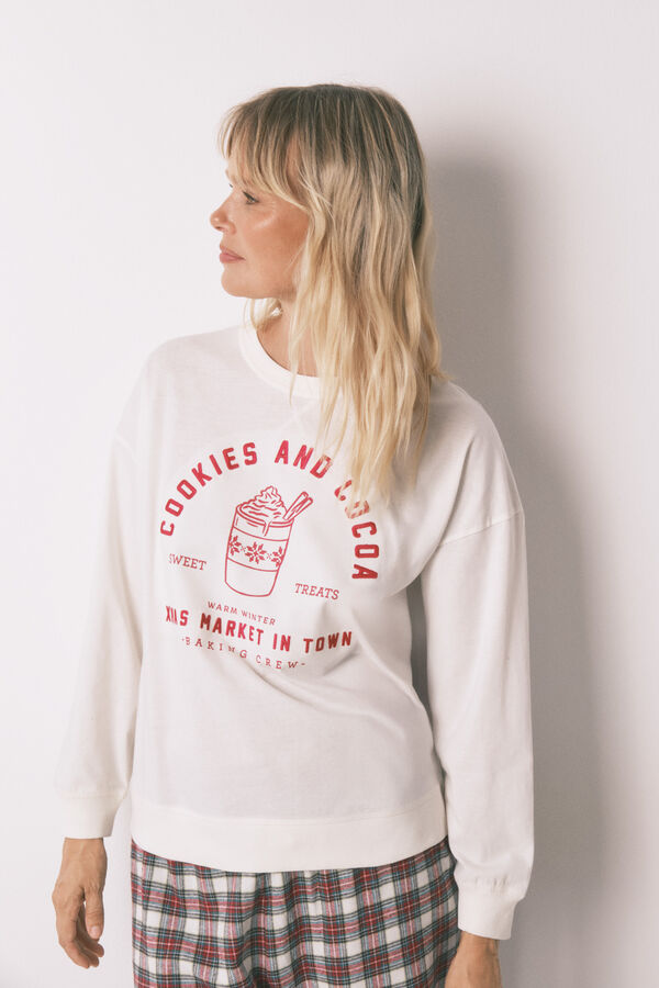 Women'secret Pijama larga 100% algod&oacute;n cuadros marfil